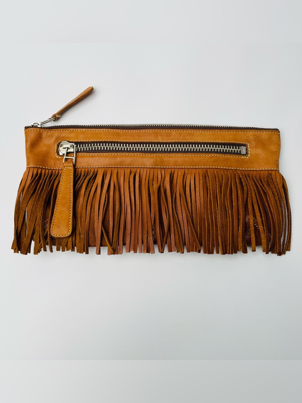 Roots Genuine Leather Fringe Clutch Pouch Tan Cognac Western Boho Festival